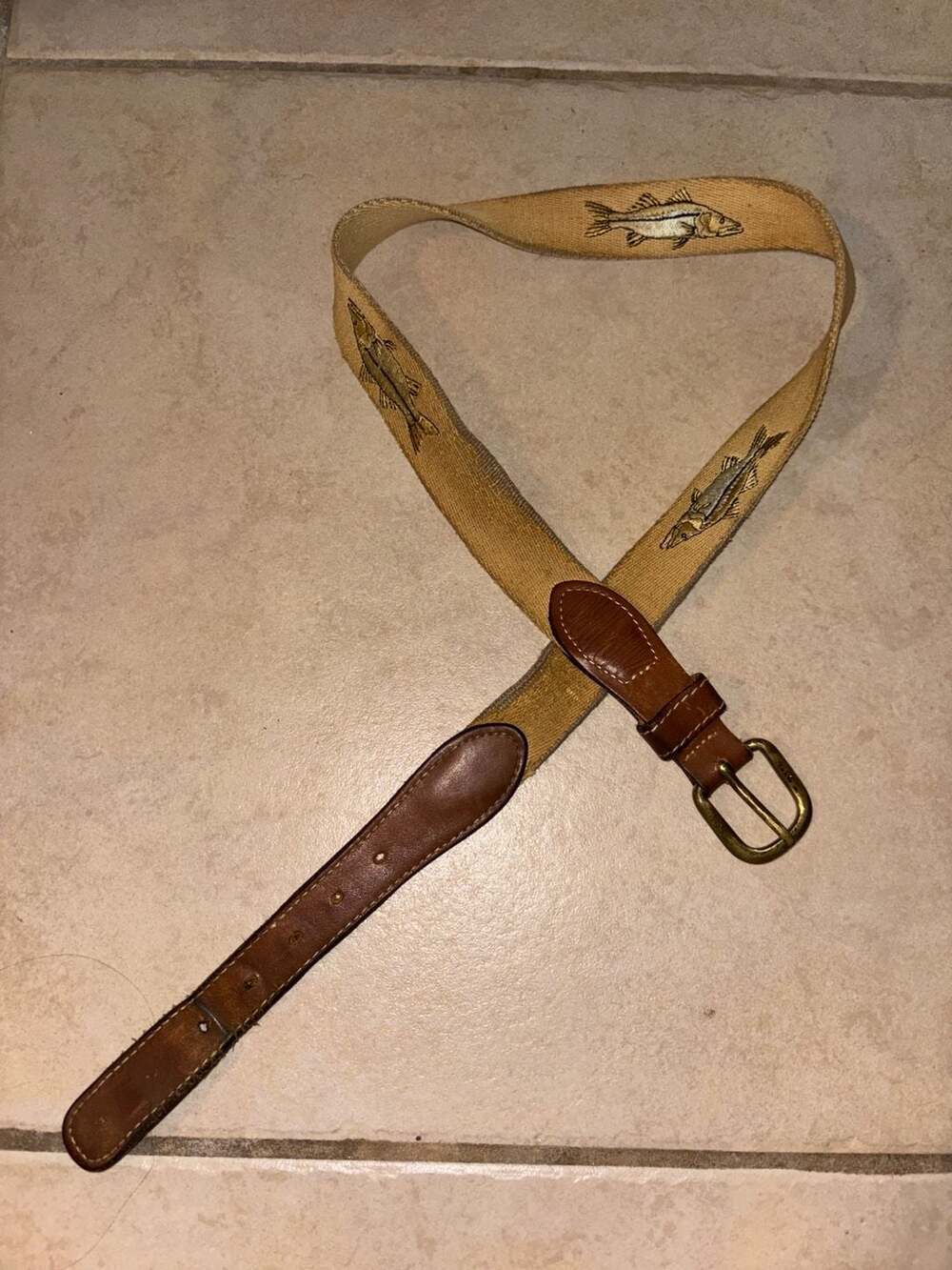 Leather Man Ltd. Embroidered Snook Fish Canvas & Leather Belt Size 34
